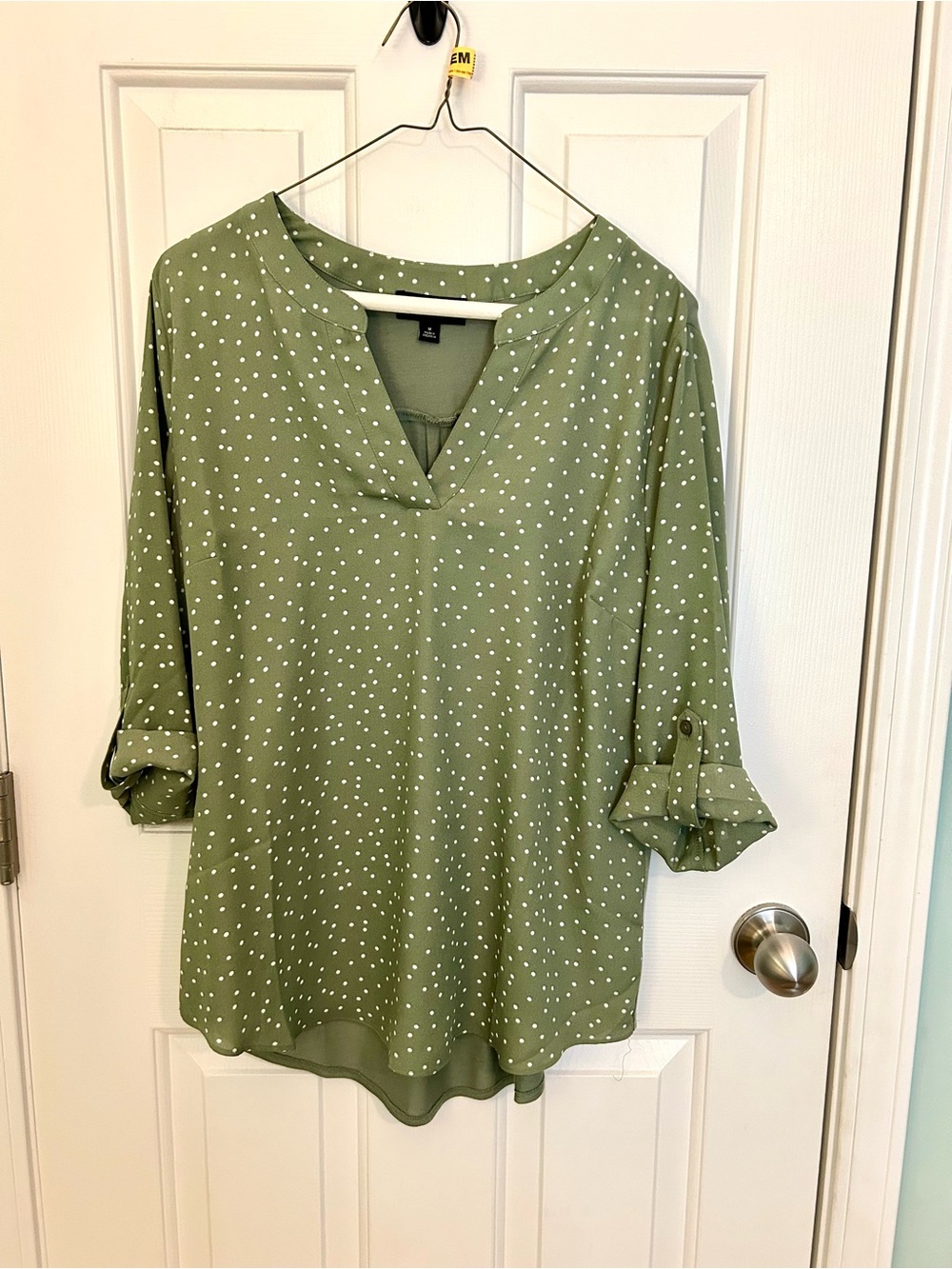 Relaxed V-Neck Polka Dot Blouse in Olive Green